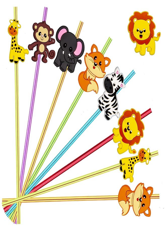 Meaxur 24pcs Reusable Forest Animals Crazy Straws, Drink Cocktail Straws for Lion Fox Zebra Giraffe Safari Birthday Party Supplies Favors, Woodland Party Favors with 2 Cleaning Brushes 6 Colors - Image 1